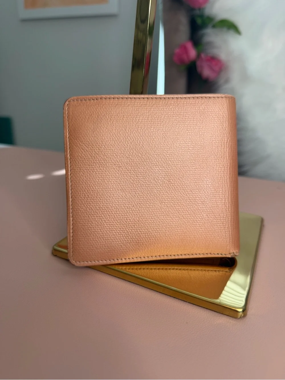 Chanel Vintage Caviar Leather CC Button Bifold Wallet Metallic Pink Salmon Peach